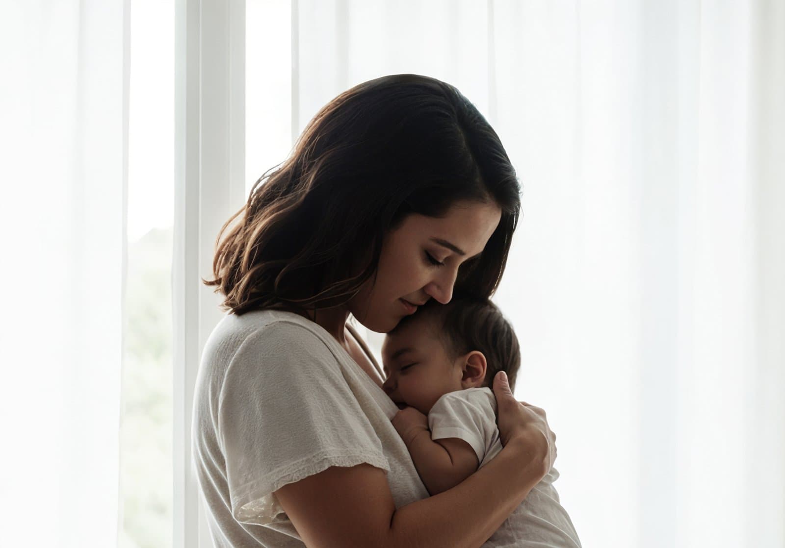 Madre abrazando a su bebé con luz natural